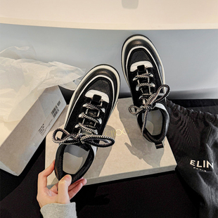 小羊轻奢黑白熊猫鞋女2026新春夏款厚底增高拼色菱格德训休闲鞋子