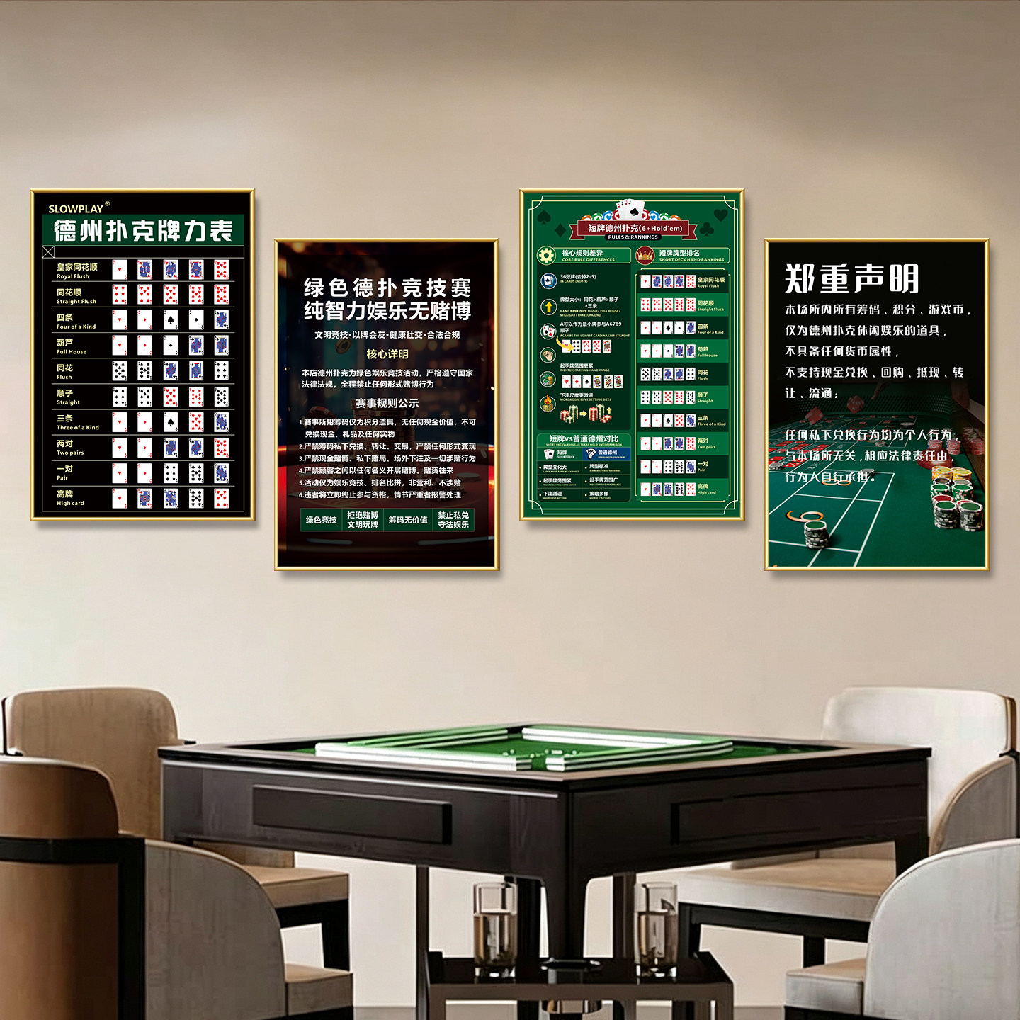 德州扑克牌力表挂画棋牌扑克规则装饰画麻将馆布置包厢房背景墙贴图片