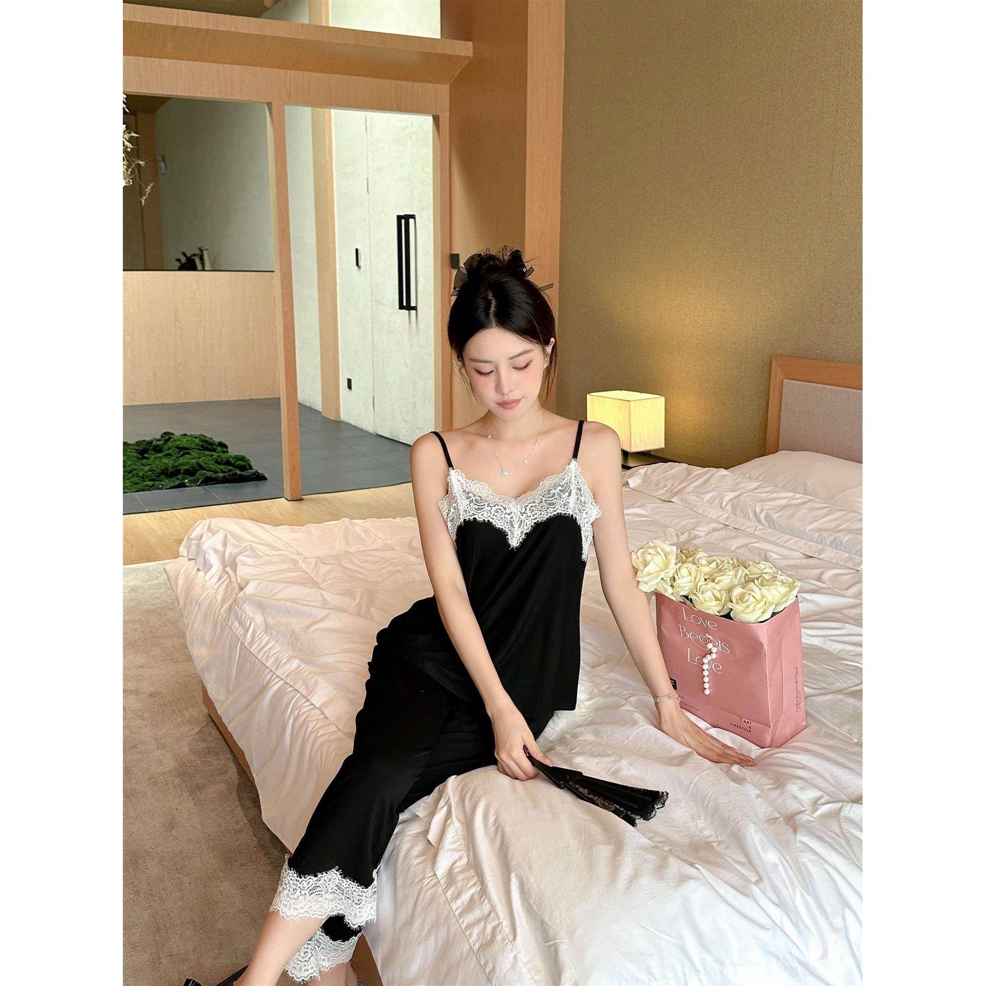 法式夏季莫代尔性感露背蕾丝睡衣女款夏天吊带九分裤两件套家居服