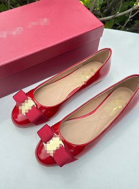 蝴蝶结单鞋女圆头浅口平底女士经典款漆皮瓢鞋sf工作鞋红色婚鞋