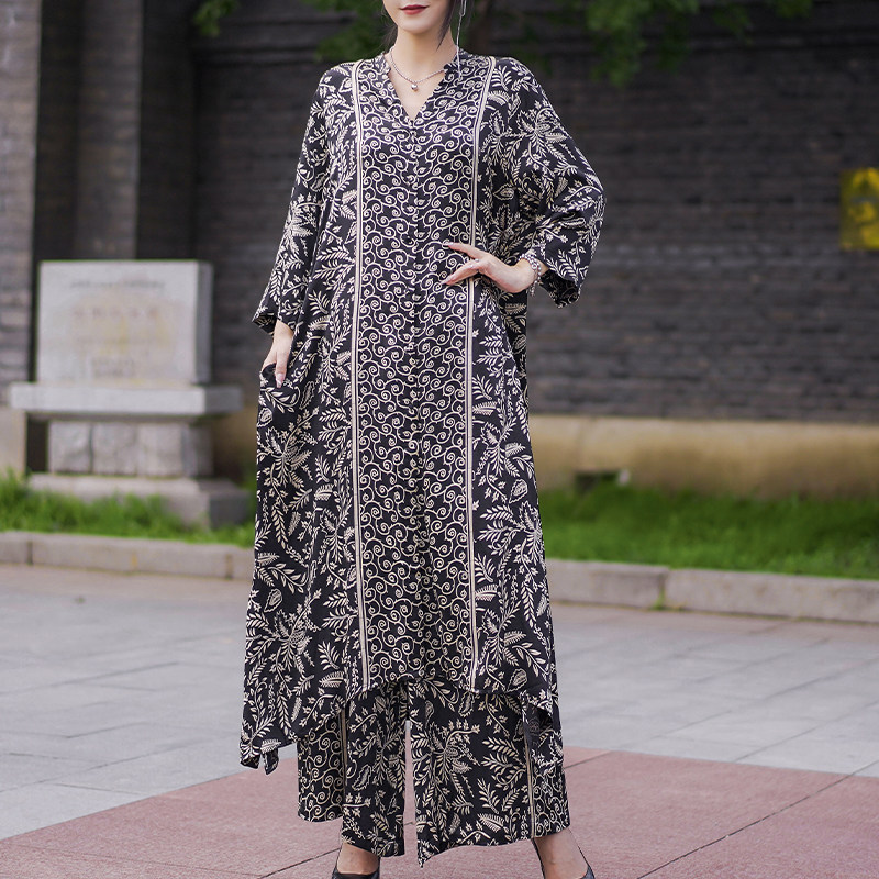 重磅桑蚕丝两件套复古长款阔腿V领高端欧货宽松大码套装气质女装
