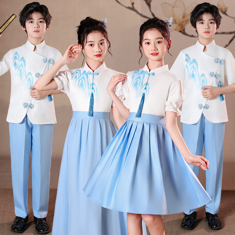 儿童合唱朗诵演出服女童小学生中国风男爱国蓝口才演讲比赛礼服装