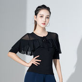 千易色拉丁舞上衣女成人舞蹈服练功服圆领中袖 国标舞摩登舞服黑色