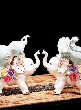 祺匠屋陶瓷摆件大象工艺品家居装饰品客厅电视柜酒柜摆设桌面摆件