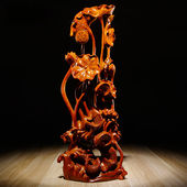 渔者读木花梨实木雕刻年年有鱼摆件荷花中式 饰摆放 家居客厅寓意装