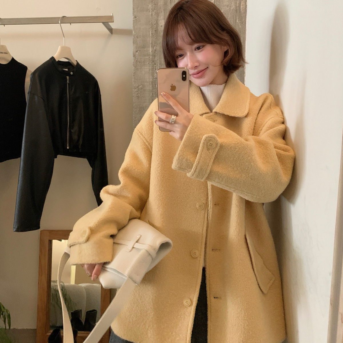 IMISS-冬上新高品质翻领宽松夹棉羊毛外套（含60羊毛）