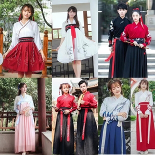 出租武侠风改良汉服古风襦裙套装男女学生情侣CP古装侠女帅气红色