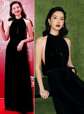 杨采钰同款晚礼服墨绿黑色真丝绒晚宴梁咏琪挂脖露背红毯长款女装