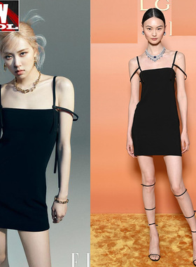 Rose朴彩英同款吊带黑色连衣裙2021夏季贺聪同款简约短裙高档醋酸