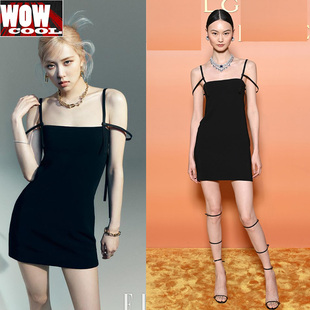 Rose朴彩英同款吊带黑色连衣裙2021夏季贺聪同款简约短裙高档醋酸