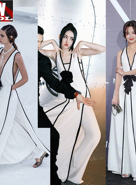 辛芷蕾郭碧婷同款小香风黑白色深v长马甲阔腿裤套装2022新款刘雯