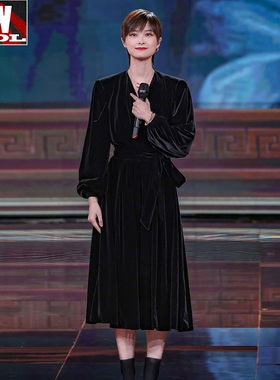 李宇春同款黑色真丝绒长袖晚礼服连衣裙长款系带高端2021秋冬女装