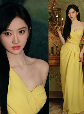 景甜同款黄色礼服裙单肩裹胸不对称不规则褶皱连衣裙2024春夏新款