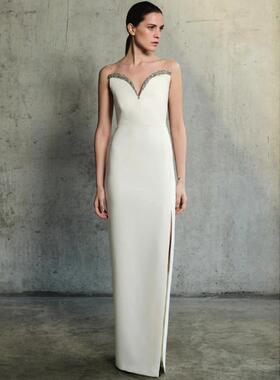 2025新款白色抹胸开衩时尚个性感主持人宴会晚礼服裙女气质连衣裙