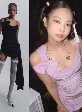 关晓彤同款黑色小吊带短裙礼服金珍妮jennie紫色连衣裙不规则2024