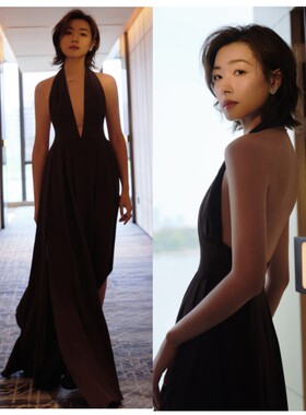 万茜同款黑色礼服裙挂脖深V露背大摆长裙2023夏新款高端醋酸丝质