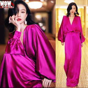 倪妮同款玫红色晚礼服连衣裙性感深v露背2023年会高端醋酸缎面女