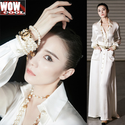 宋佳同款连衣裙白色缎面优雅衬衫