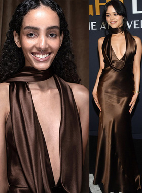 欧美超模走秀明星同款深v晚礼服深咖色挂脖连衣裙长飘带荡领宴会