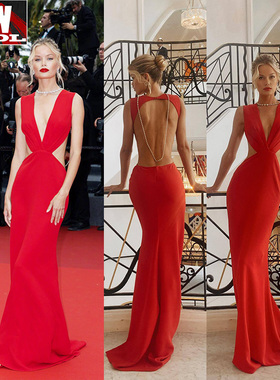 Frida Aasen同款红色礼服裙性感大露背长款红毯走秀2022新款漏腰