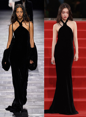 周冬雨红毯同款礼服裙高档黑色弹力真丝绒挂脖连衣裙2024秋冬女装