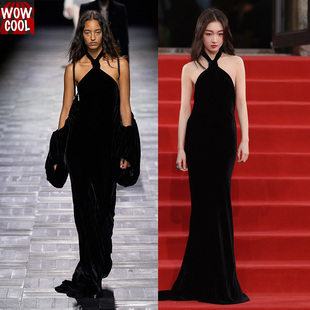 周冬雨红毯同款礼服裙黑色弹力真丝绒挂脖连衣裙2024秋冬女装
