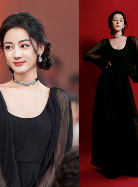 迪丽热巴同款黑色薄纱透视连衣裙女夏季新款法式气质收腰礼服气质