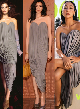 奚梦瑶杨紫同款灰色抹胸褶皱礼服裙裹胸连衣裙2024春夏新款不规则