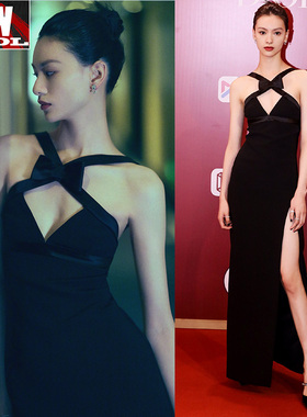 邱天同款黑色醋酸宴会长礼服连衣裙蝴蝶结露背2021新款性感高开衩