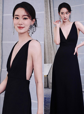 张小斐同款黑色吊带背心礼服裙vogue红毯连衣裙性格优雅露背女装