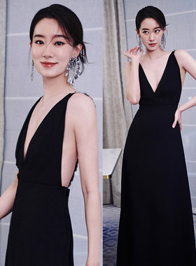 张小斐同款黑色吊带背心礼服裙vogue红毯连衣裙性格优雅露背女装