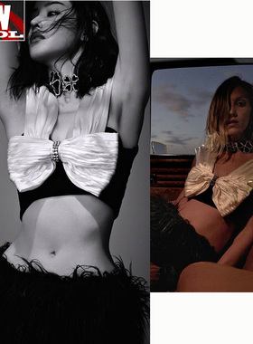 张天爱同款背心小香风漏腰上衣黑白撞色大蝴蝶结2021秋季新款礼服