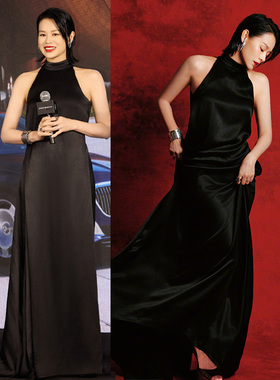 胡杏儿同款黑色晚礼服主持人生日聚会年会连衣裙2026早春挂脖长款