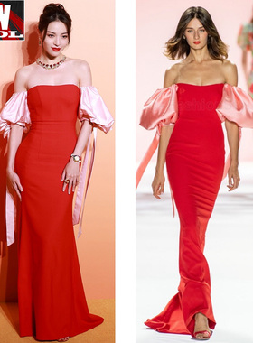 钟楚曦一字裸肩红灯笼长裙红色新娘礼服连衣裙包臀收腰晚宴主持人