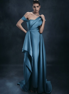 醋酸缎面蓝色主持人单肩晚礼服裙赫本风优雅大气质典雅摄影连衣裙