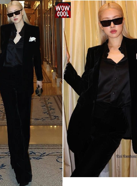 朴彩英rose同款黑色丝质缎面衬衫真丝绒时尚套装2024春季新款女装