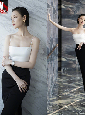 倪妮黑白开衩长裙吊带礼服连衣裙2022夏新款晚宴包臀明星同款醋酸