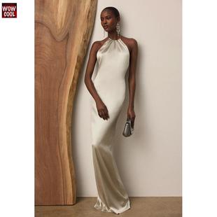 欧洲站2025春夏新款高档缎面丝质顺滑挂脖礼服裙长款连衣裙优雅女