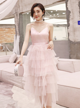 欧洲站2020新款时尚名媛粉色吊带抹胸长款蛋糕裙连衣裙女装春夏季