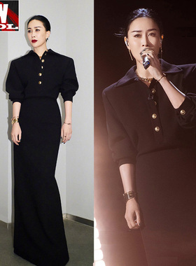 乘风破浪姐那英同款黑色长款连衣裙2022欧洲站女装新款修身显瘦