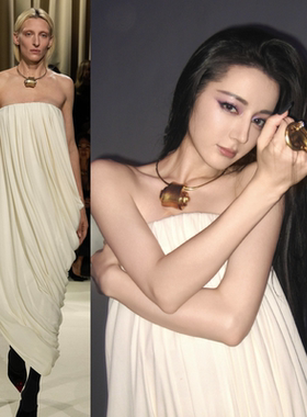 迪丽热巴同款elle杂志白色抹胸一字领新款设计度假风连衣裙晚礼服