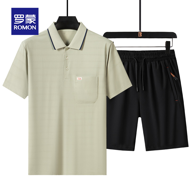 爸爸夏装套装男2025夏季新款冰丝短袖T恤中年休闲短裤两件套