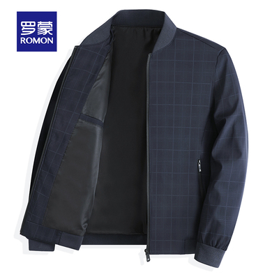 罗蒙棒球领爸爸装外套夹克男士商务休闲春秋季中年人抗皱格子上衣