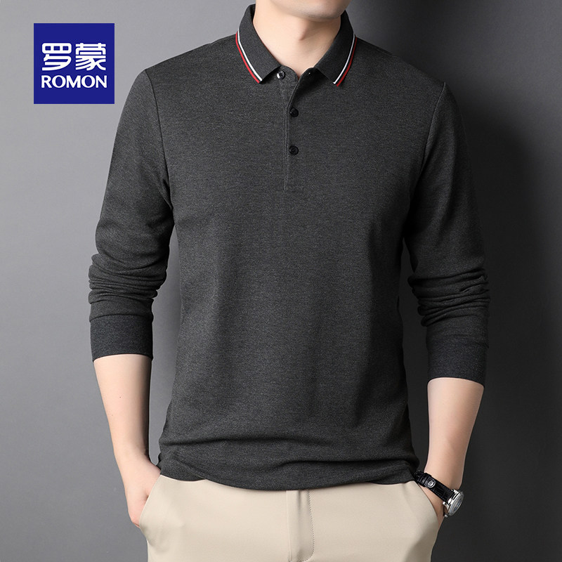 罗蒙中年爸爸polo衫男翻领带口袋秋季2024新款长袖T恤男春装上衣