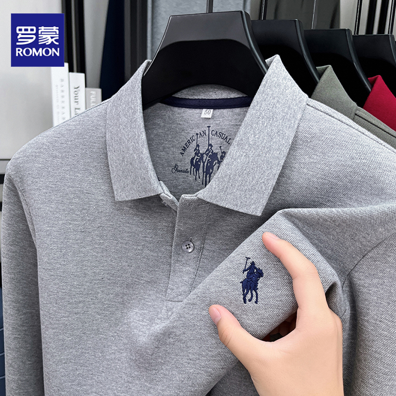 罗蒙纯棉T恤男长袖春秋季2025新款中年爸爸装polo衫翻领刺绣上衣