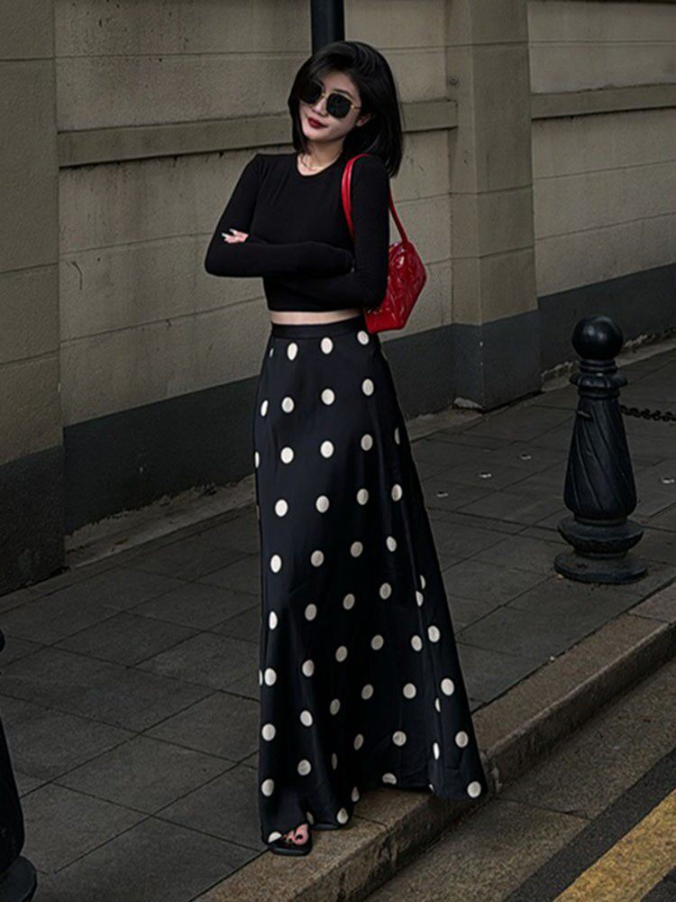法式复古黑色波点半身裙女2025夏季设计感高腰显瘦百搭a字长裙子,女装/女士精品,半身裙,淘宝优惠券,粉丝福利购,淘宝优惠卷
