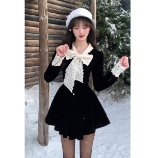 miu系富家千金黑色丝绒连衣裙女秋冬高级感小香风穿搭收腰公主裙