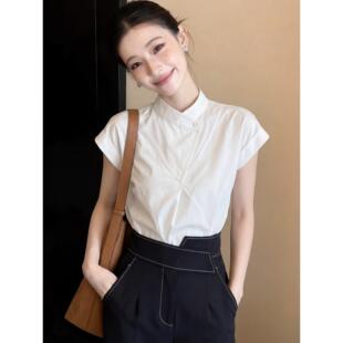 白色立领短袖衬衫女款2026新款夏季气质女士法式小资漂亮上衣衬衣
