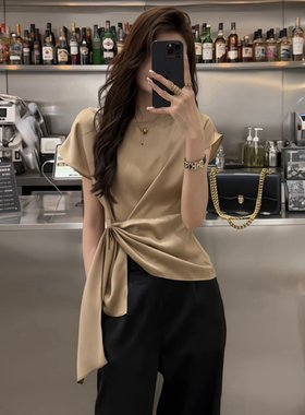 法式轻奢醋酸缎面t恤上衣