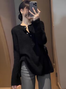 黑色半开领软糯针织衫毛衣女款2025新款冬季中长款上衣遮屁股洋气